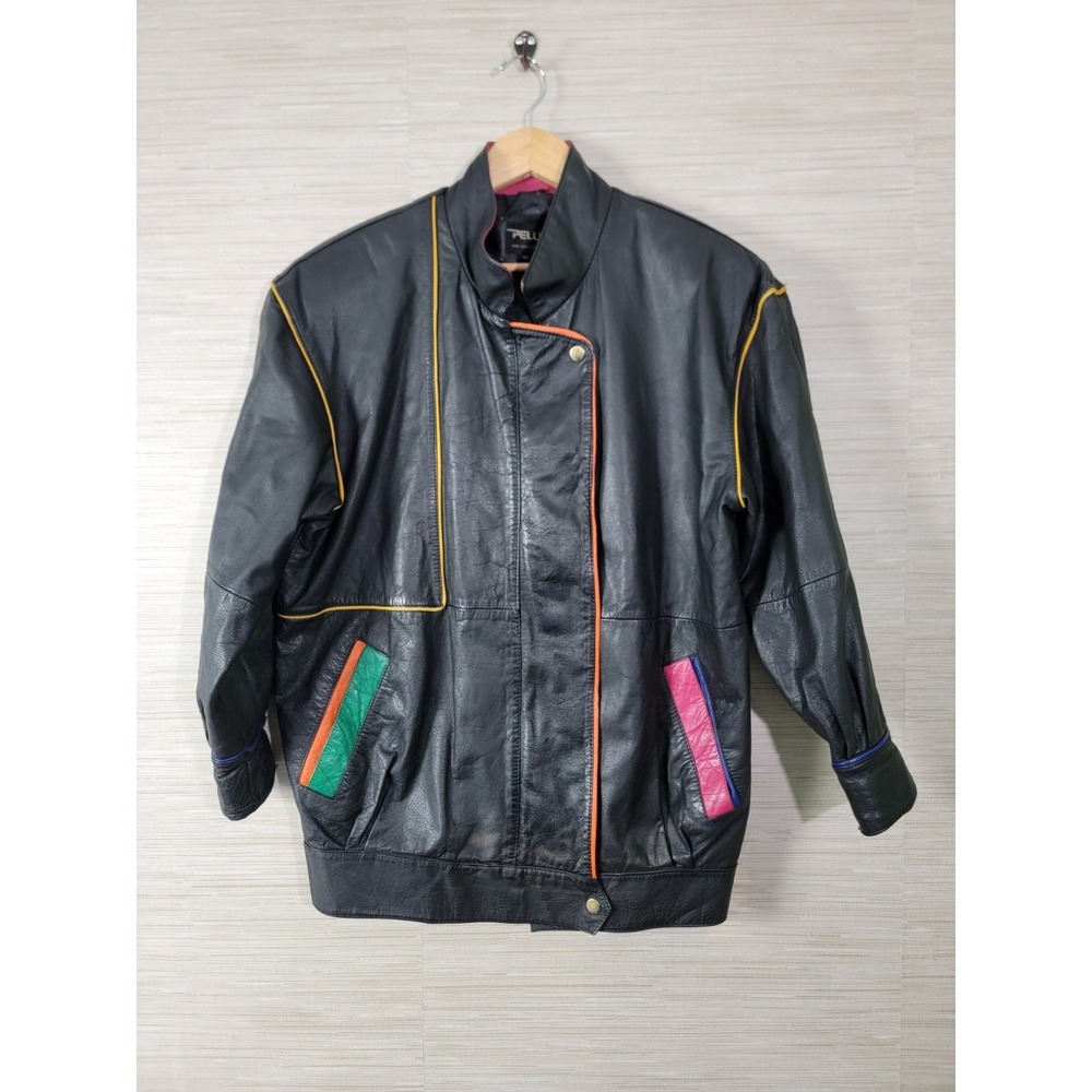 Pelle Women's Leather Jacket M Black Colorblock Vintage 80s 90s Moto
